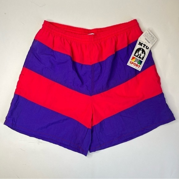 New Vintage MTO Sport Red & Purple Wide Striped Pockets Board Shorts Swim Shorts - Picture 1 of 14